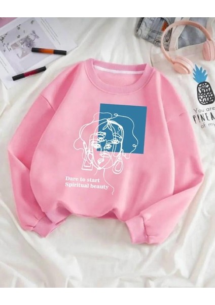 Oversize Kadın Dare To Start Baskılı Pembe Bisiklet Yaka Sweatshirt