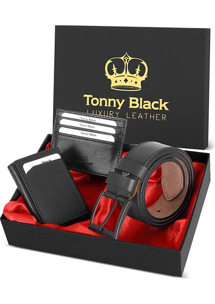 Tonny Black Orijinal Erkek Özel Hediye Kutulu 3'lü Set Luxury Serisi Hediyelik Aksesuar Kutusu Çeyiz Düğün Baba Için Damat Takımı Klasik Şık Deri Kemer Mekanizmalı Rfid Cüzdan ve Kartlık Seti