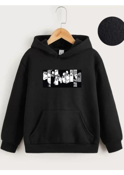 Çocuk Kapüşonlu Koyu Anime Baskılı Sweatshirt - Siyah