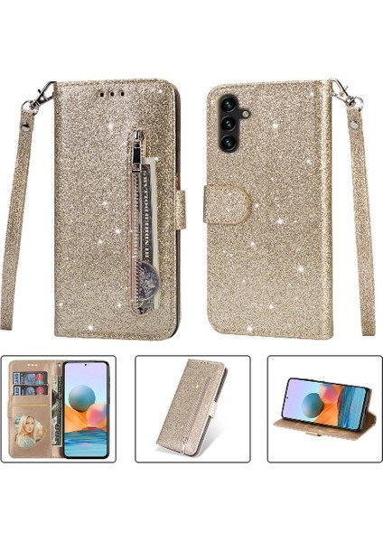 Samsung Galaxy A15 Bilek Kayışı Için Fermuar Cep Durumda Glitter Cüzdan Kılıf (Yurt Dışından)