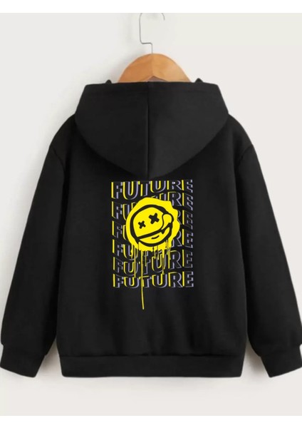 Çocuk Kapüşonlu Ön ve Arka Emoji Baskılı Sweatshirt - Siyah