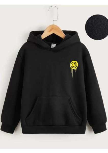 Çocuk Kapüşonlu Ön ve Arka Emoji Baskılı Sweatshirt - Siyah