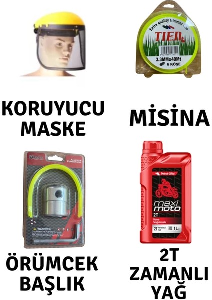 Motorlu Tırpan Seti Koruyucu Maske-Misina-Örümcek Başlık-Yağ
