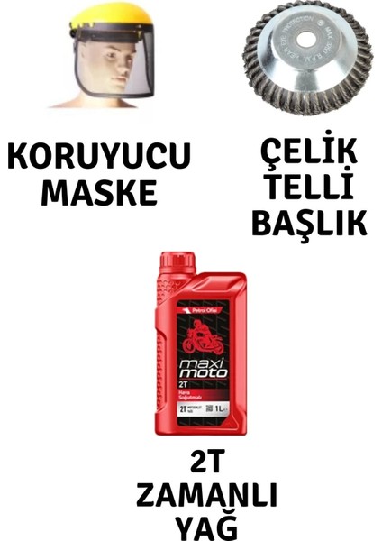 Motorlu Tırpan Seti Koruyucu Maske-Çelik Telli Başlık-Yağ