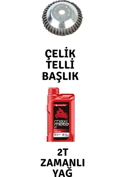 Motorlu Tırpan Çelik Telli Başlık ve Petrol Ofisi Maximoto 2t Zamanlı Yağ