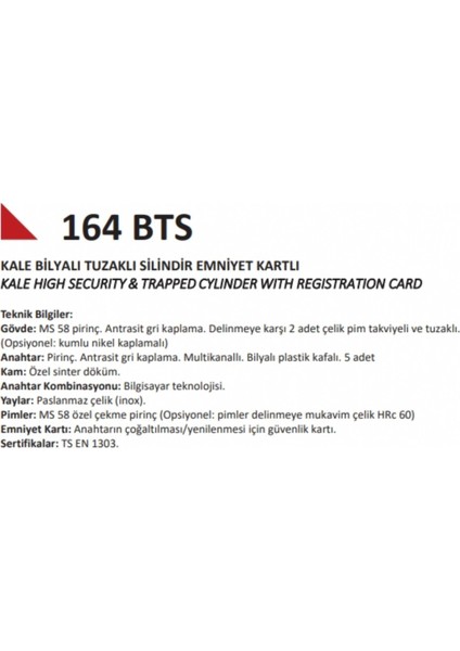 Kale Bilyalı Tuzaklı Silindir Emniyet Kartlı 164 Bts