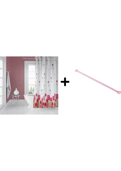 Banyo Duş Perdesi 7017 180X200 Perde Borusu Askı Aparatı Pembe 160X260 Hediyeli