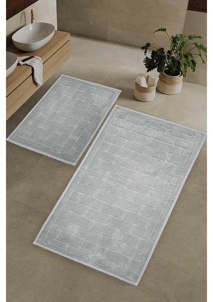 Tuğla Desen Pamuklu Klozet Takımı Banyo Paspası Seti 60X100 + 50X60 Gri