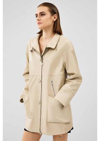 Dalida Kadın Krem Oversize Deri Ceket 24WGD5212U4 modelleri