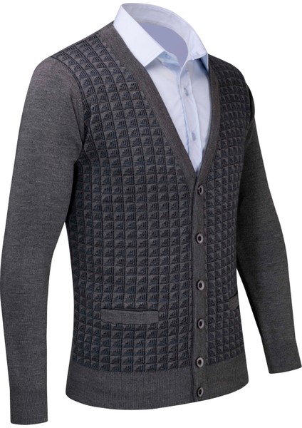 Erkek V Yaka Triko Hırka Düğmeli Cep Detaylı Desenli Çelik Örgü Klasik Kalıp - 5002M fiyatları