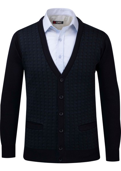 Erkek V Yaka Triko Hırka Düğmeli Cep Detaylı Desenli Çelik Örgü Klasik Kalıp - 5002M