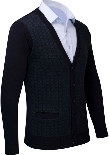 Erkek V Yaka Triko Hırka Düğmeli Cep Detaylı Desenli Çelik Örgü Klasik Kalıp - 5002M fiyatları