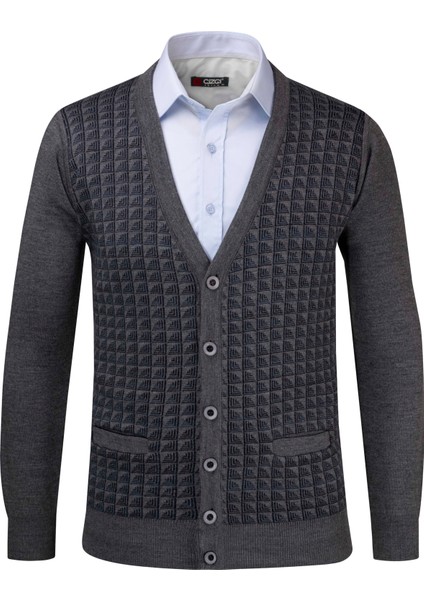 Erkek V Yaka Triko Hırka Düğmeli Cep Detaylı Desenli Çelik Örgü Klasik Kalıp - 5002M