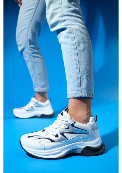 Buren Beyaz-Gri Kadın Kalın Taban Spor Sneakers