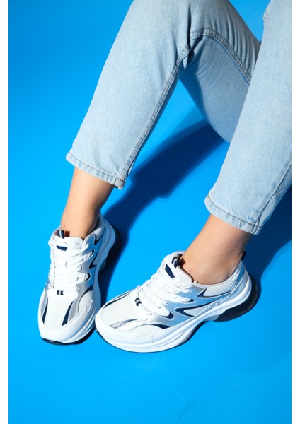 Buren Beyaz-Gri Kadın Kalın Taban Spor Sneakers