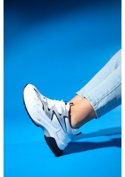 Buren Beyaz-Gri Kadın Kalın Taban Spor Sneakers