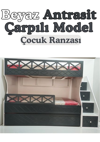 Beyaz Antrasit Çarpılı Model Çocuk Ranzası