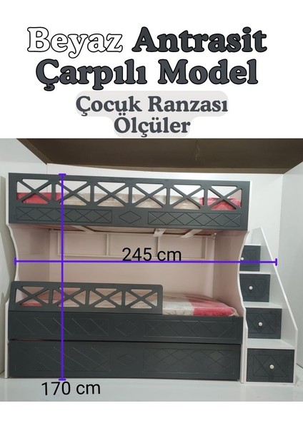 Beyaz Antrasit Çarpılı Model Çocuk Ranzası