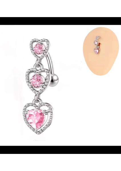 Pembe Zirkon Taşlı Kalpli Çelik Göbek Piercingi
