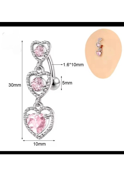 Pembe Zirkon Taşlı Kalpli Çelik Göbek Piercingi