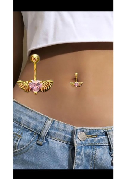 Cerrahi Çelik Pembe Taşlı Kalpli Kanatlı Gold Renk Göbek Piercingi
