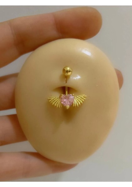 Cerrahi Çelik Pembe Taşlı Kalpli Kanatlı Gold Renk Göbek Piercingi