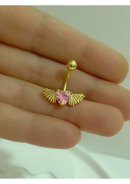 Cerrahi Çelik Pembe Taşlı Kalpli Kanatlı Gold Renk Göbek Piercingi