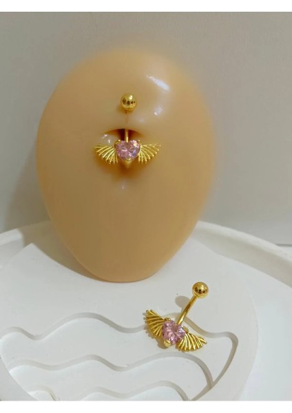 Cerrahi Çelik Pembe Taşlı Kalpli Kanatlı Gold Renk Göbek Piercingi