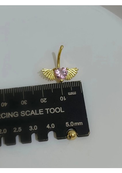 Cerrahi Çelik Pembe Taşlı Kalpli Kanatlı Gold Renk Göbek Piercingi