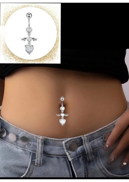 Cerrahi Çelik Gümüş Renk Kalpli Kanatlı Sallantılı Zirkon Taşlı Göbek Piercingi