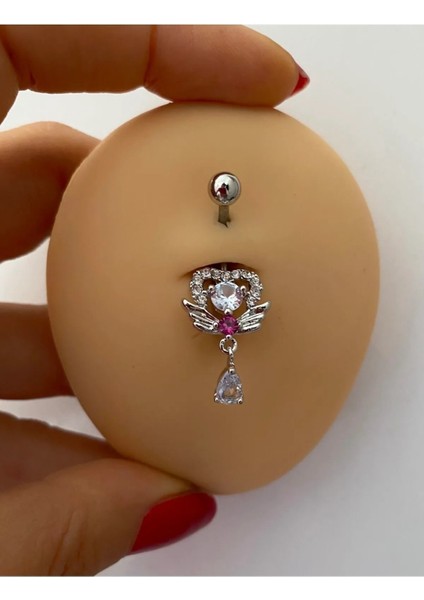Cerrahi Çelik Zirkon Taşlı Kalpli Göbek Piercingi