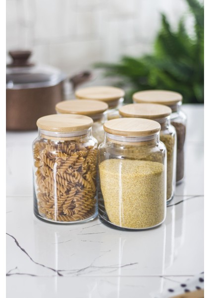 6 Lı Set Bambu Kapaklı Cam Kavanoz & Erzak Saklama Kabı 800 ml Orta Boy ( Vakum Kapak )