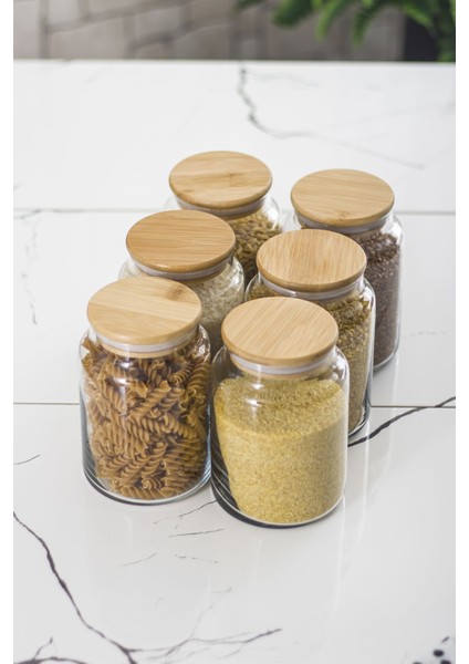 6 Lı Set Bambu Kapaklı Cam Kavanoz & Erzak Saklama Kabı 800 ml Orta Boy ( Vakum Kapak )