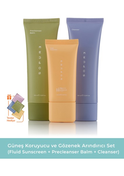 Güneş Koruyucu ve Çift Aşamalı Temizlik Seti (Fluid Sunscreen + Precleanser Balm+ Cleanser)