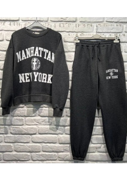 Manhattan New York Baskılı Regular/normal Kalıp 3 Ip Şardonlu Kadın Alt Üst Eşofman Takımı