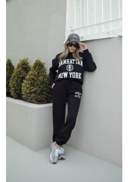 Manhattan New York Baskılı Regular/normal Kalıp 3 Ip Şardonlu Kadın Alt Üst Eşofman Takımı