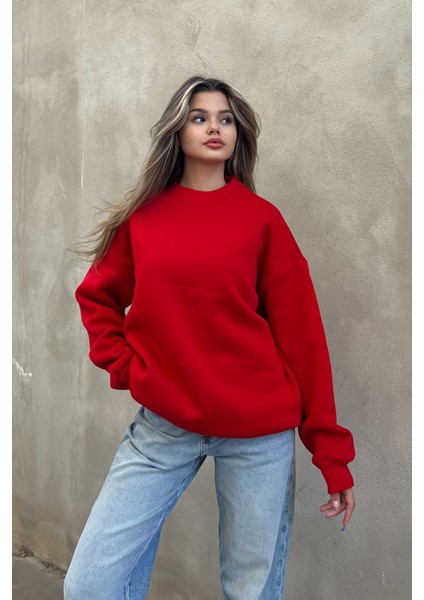 Kırmızı Bisiklet Yaka Basic Sweatshirt