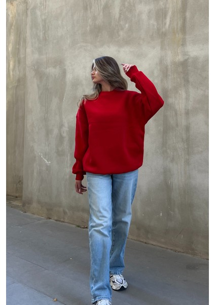 Kırmızı Bisiklet Yaka Basic Sweatshirt