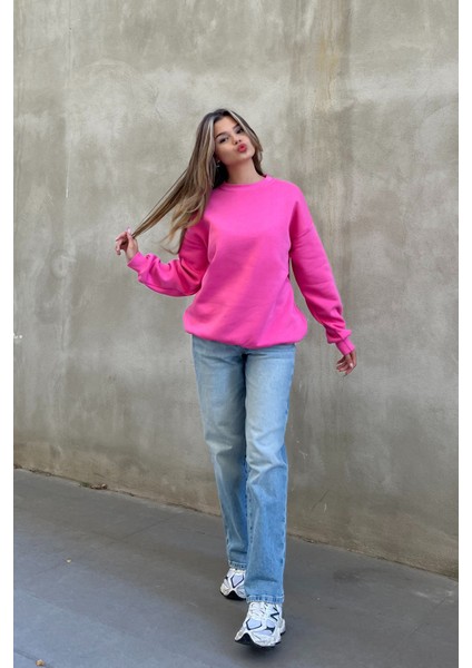 Şeker Pembe Bisiklet Yaka Basic Sweatshirt