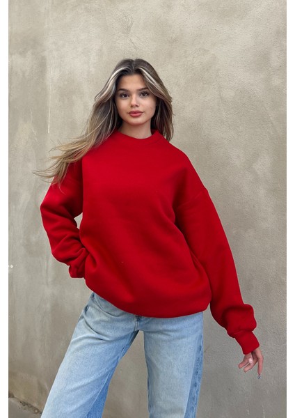 Kırmızı Bisiklet Yaka Basic Sweatshirt