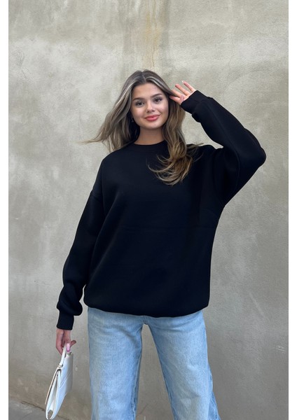 la & vetta Siyah Bisiklet Yaka Basic Sweatshirt