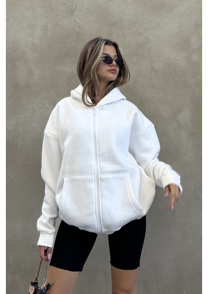 la & vetta Beyaz Kapüşonlu Oversize Fermuarlı Şardonlu Sweatshirt