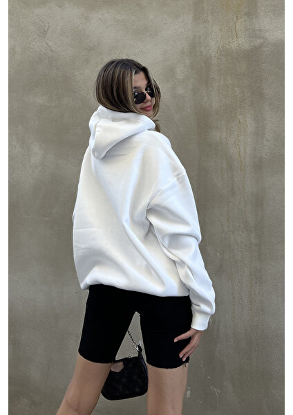 la & vetta Beyaz Kapüşonlu Oversize Fermuarlı Şardonlu Sweatshirt