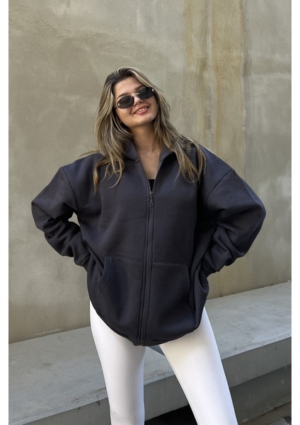 la & vetta Antrasit Kapüşonlu Oversize Fermuarlı Şardonlu Sweatshirt