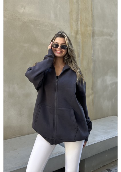 la & vetta Antrasit Kapüşonlu Oversize Fermuarlı Şardonlu Sweatshirt