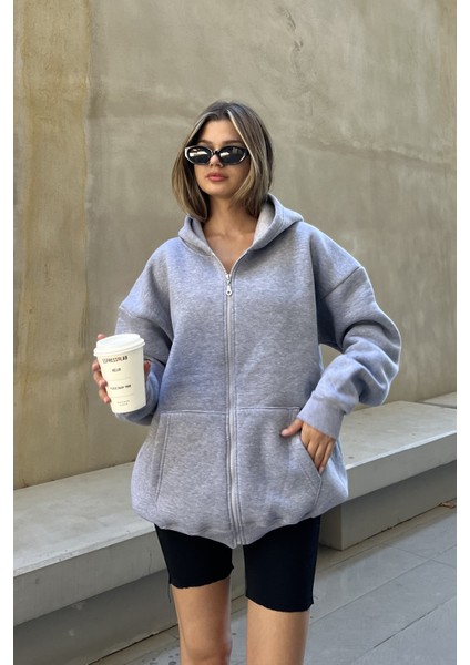 la & vetta Gri Kapüşonlu Oversize Fermuarlı Şardonlu Sweatshirt