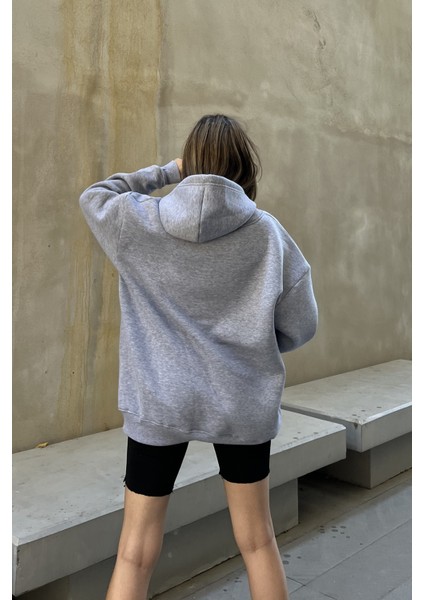 la & vetta Gri Kapüşonlu Oversize Fermuarlı Şardonlu Sweatshirt