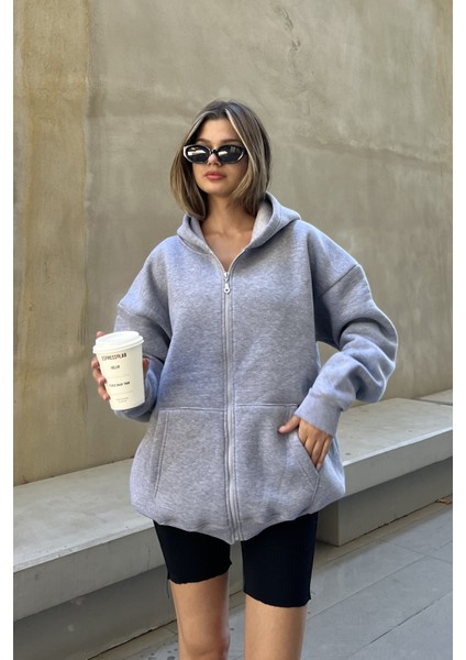 Gri Kapüşonlu Oversize Fermuarlı Şardonlu Sweatshirt fiyatları