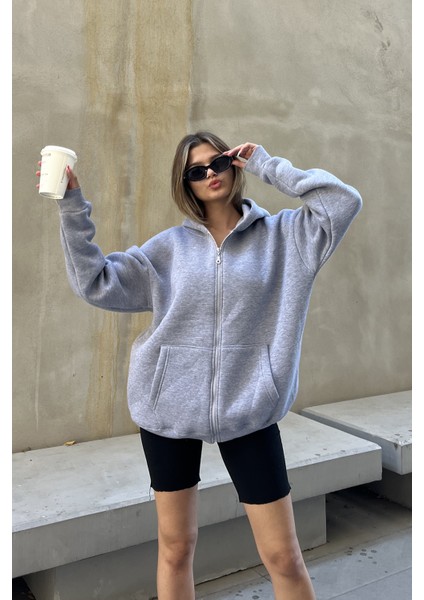 Gri Kapüşonlu Oversize Fermuarlı Şardonlu Sweatshirt modelleri