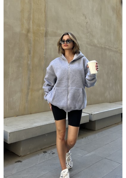 Gri Kapüşonlu Oversize Fermuarlı Şardonlu Sweatshirt indirimleri